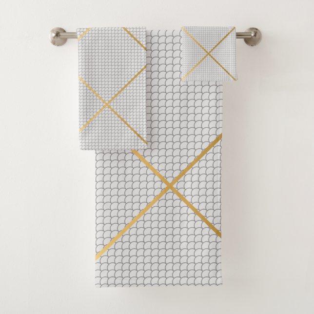 GREY WHITE GOLD MERMAID SCALE PATTERN  BATH TOWEL SET (Insitu)