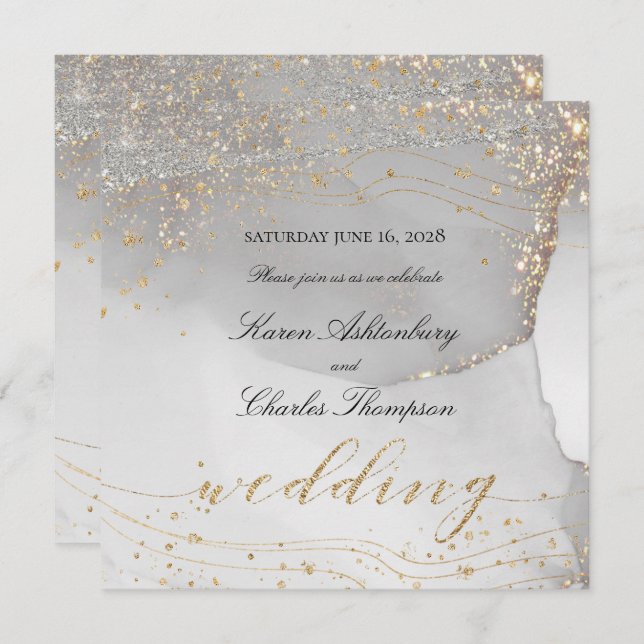 Grey White Gold Odyssey Elegant Sparkling Wedding Invitation (Front/Back)
