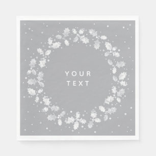 Grey + White Hand Printed Holly Wreath Christmas Napkin