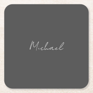 Grey White Handwritten Minimalist Your Name Square Paper Coaster