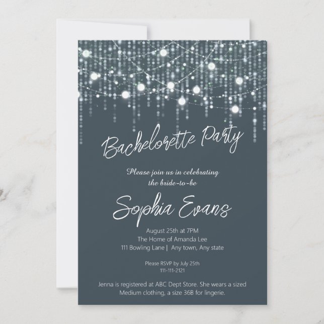 Grey & White Hanging Lights Bachelorette Party Invitation (Front)