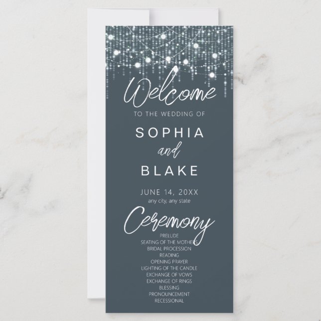Grey & White Hanging Lights Wedding Program (Front)