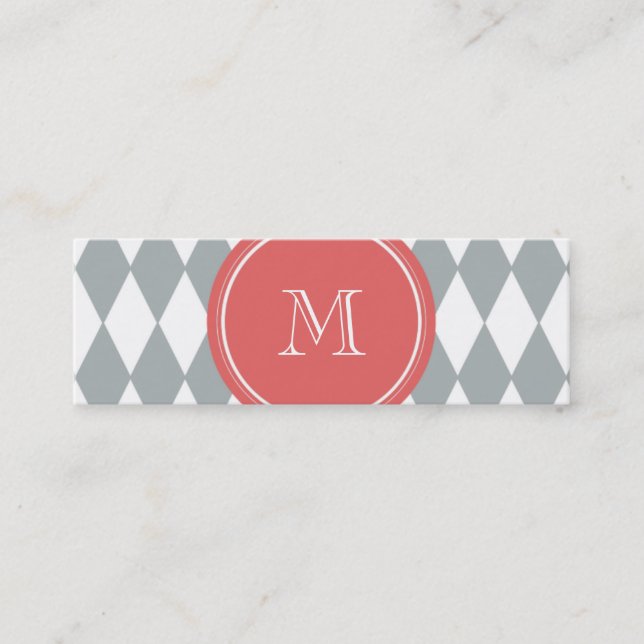 Grey White Harlequin Pattern, Coral Monogram Mini Business Card (Front)