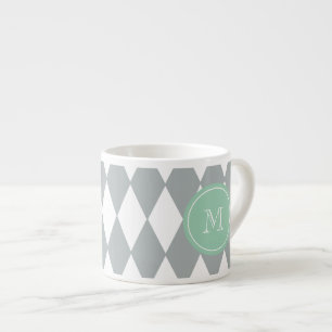 Grey White Harlequin Pattern, Mint Green Monogram Espresso Cup