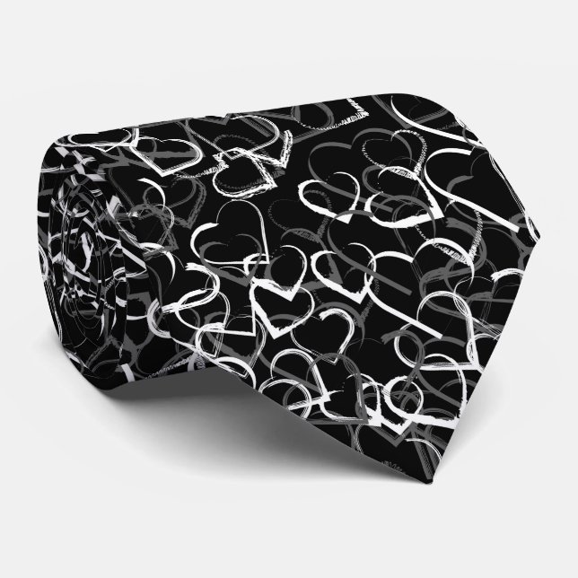 Grey white heart pattern Black background Tie (Rolled)
