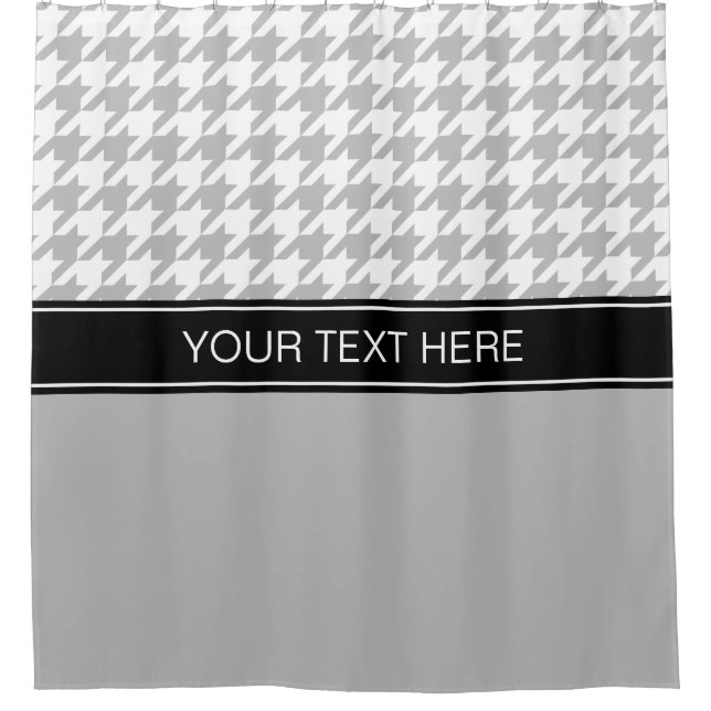 Grey White Houndstooth CB Black Name Monogram Shower Curtain (Front)
