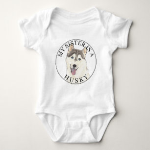 Grey & White Husky Dog Big Sister Baby Bodysuit