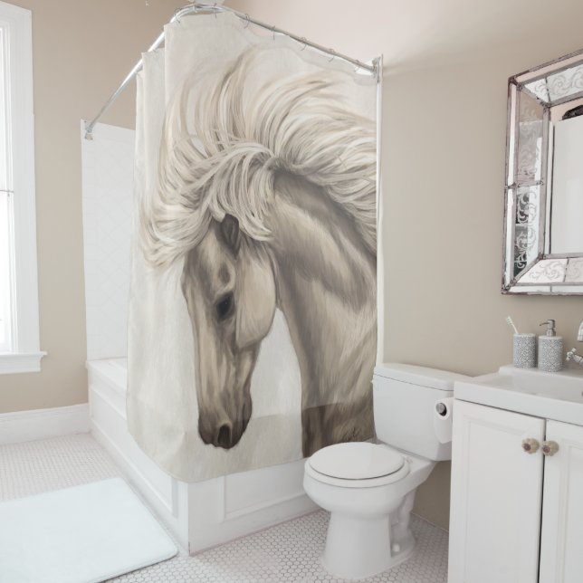 Grey White Ivory Horse Wild Mane Shower Curtain (In Situ)