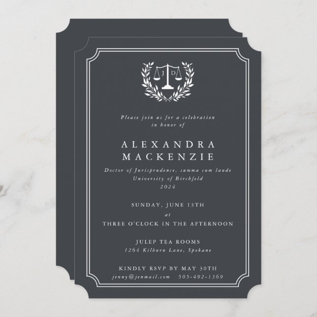 Grey/White JD Law Scales+Laurel Wreath Graduation Invitation (Front/Back)