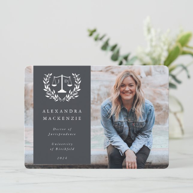Grey + White JD Law Scales Laurel Wreath Photo Announcement (Standing Front)