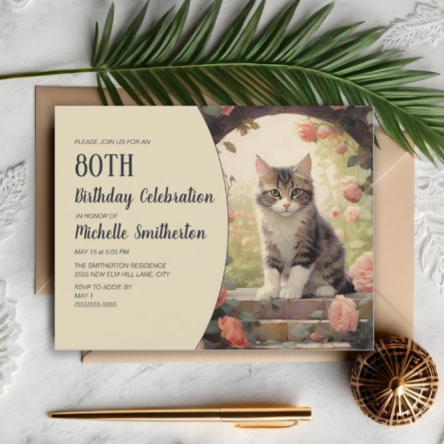 Grey White Kitten Arch 80th Birthday Invitation (Cute gray and white kitten 80th birthday party invitation for women.)