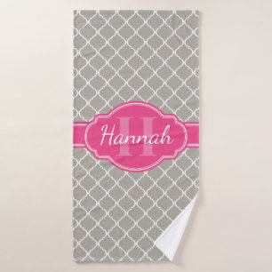 Grey White Lattice Pattern Pink Monogram Bath Towel