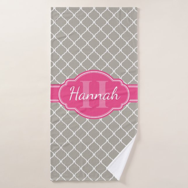 Grey White Lattice Pattern Pink Monogram Bath Towel (Bath Towel)