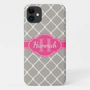 Grey White Lattice Pattern Pink Monogram Case-Mate iPhone Case