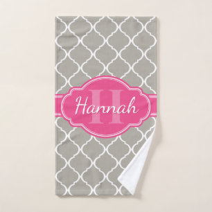 Grey White Lattice Pattern Pink Monogram Hand Towel