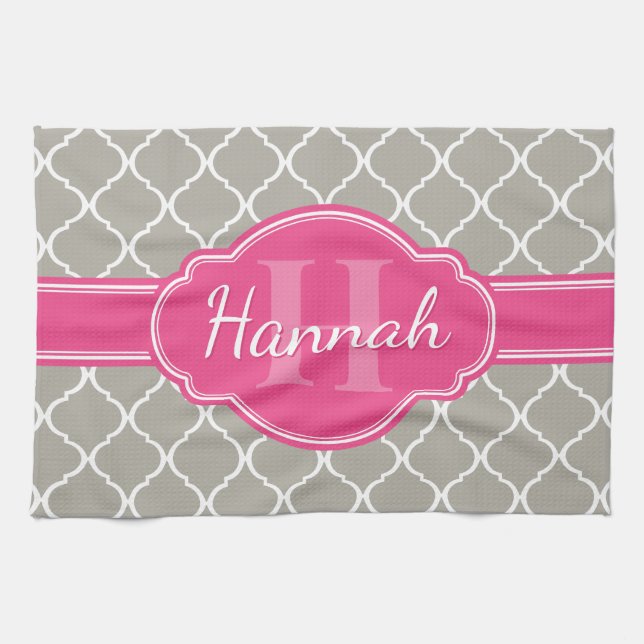Grey White Lattice Pattern Pink Monogram Tea Towel (Horizontal)