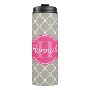 Grey White Lattice Pattern Pink Monogram Thermal Tumbler