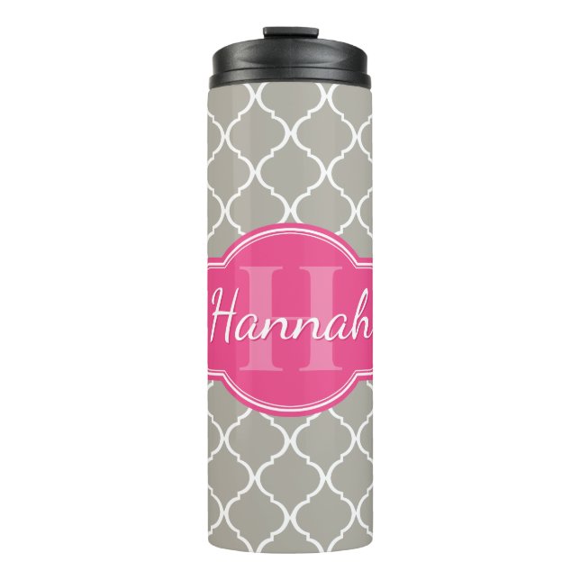 Grey White Lattice Pattern Pink Monogram Thermal Tumbler (Front)