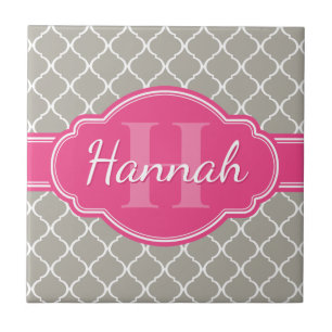Grey White Lattice Pattern Pink Monogram Tile