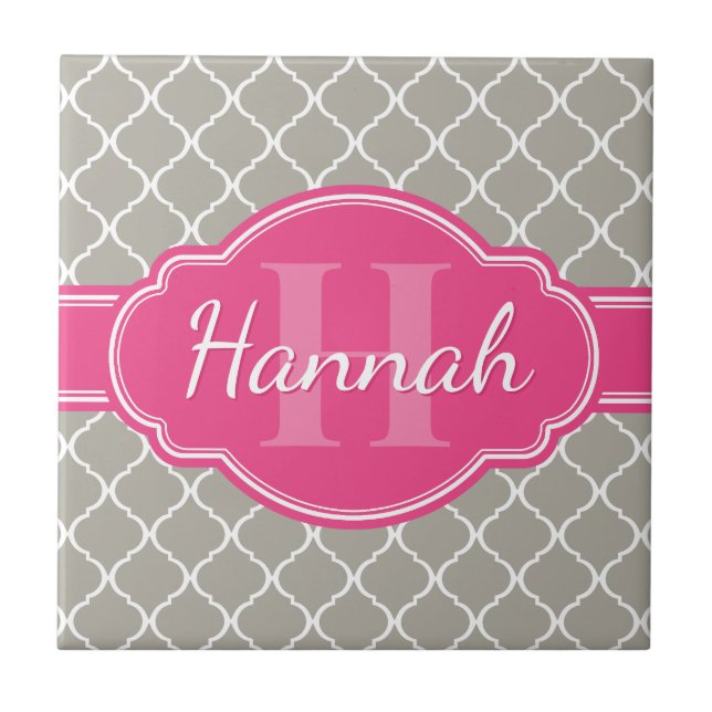 Grey White Lattice Pattern Pink Monogram Tile (Front)