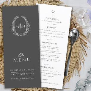Grey white leaf oval monogram wedding menu