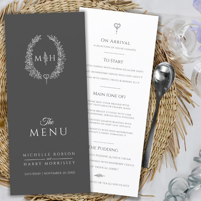 Grey white leaf oval monogram wedding menu (Creator Uploaded)