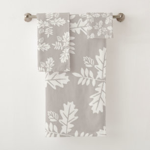 Grey White Leaves Vintage Line Leaf Pattern Bath Towel Set