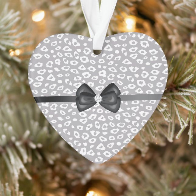 Grey White Leopard Ribbon Bow Diamond Ornament (Tree)