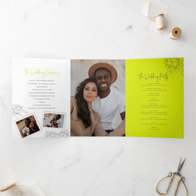 Grey white lime blossom drawing photos wedding Tri-Fold programme (Inside)