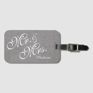 Grey White Linen Custom Mr. and Mrs. Wedding Luggage Tag