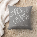 Grey White Linen Mr. and Mrs. Wedding Pillow<br><div class="desc">Personalised Grey and White Mr. and Mrs. Wedding Pillow. Design by Elke Clarke©. Available at www.zazzle.com/monogramgallery. Classy, personalised, grey or grey linen background (printed photo effect), customisable with bride and groom names in white script font and wedding date. Beautiful design is perfect for wedding gifts, sweetheart pillows, wedding anniversary gifts...</div>