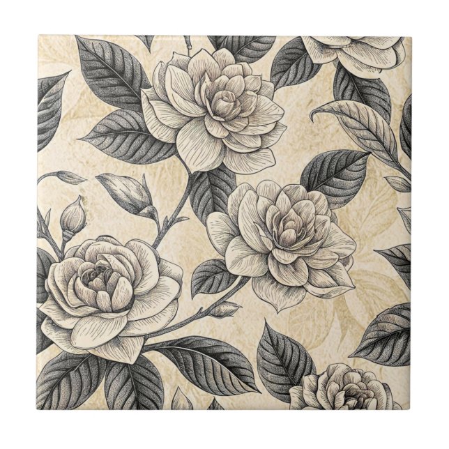 Grey White Magnolia Porcelain Botanical Tile (Front)