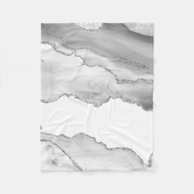 Grey White Marble Agate Minimal Silver Glitter Fleece Blanket (Front)