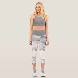 Grey White Marble Agate Refined Golden Glitter Capri Leggings