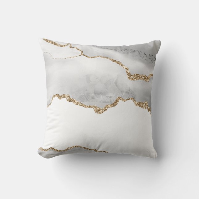 Grey White Marble Agate Refined Golden Glitter Cushion (Front)