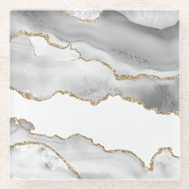 Grey White Marble Agate Refined Golden Glitter Glass Coaster (Front)