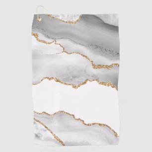 Grey White Marble Agate Refined Golden Glitter Golf Towel