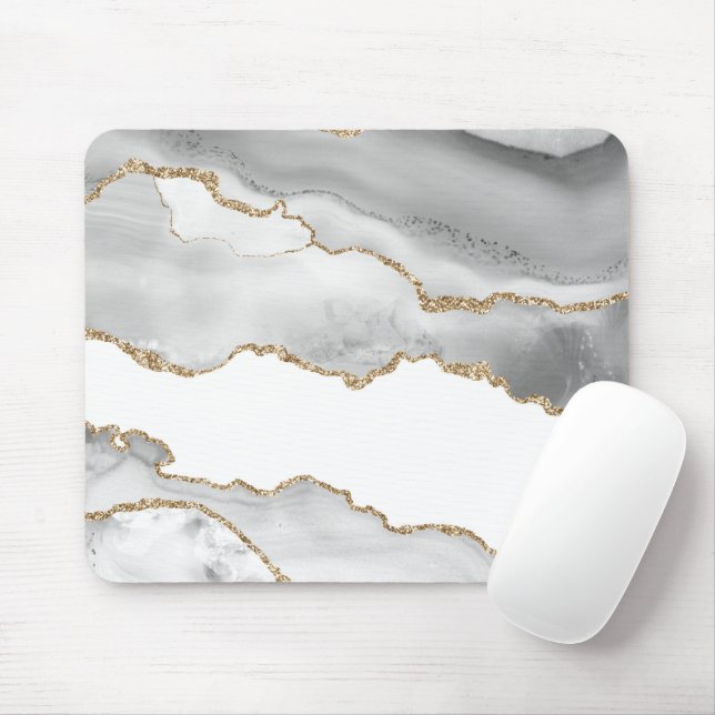 Grey White Marble Agate Refined Golden Glitter Mouse Pad (With Mouse)
