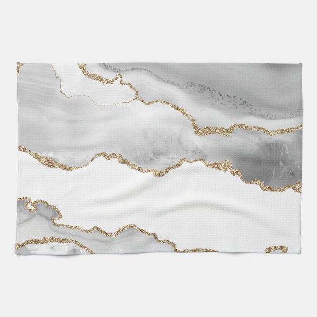Grey White Marble Agate Refined Golden Glitter Tea Towel (Horizontal)