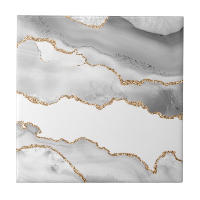 Grey White Marble Agate Refined Golden Glitter Tile (Front)