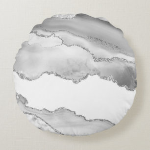 Grey White Marble Agate Silver Glitter Elegant Round Cushion