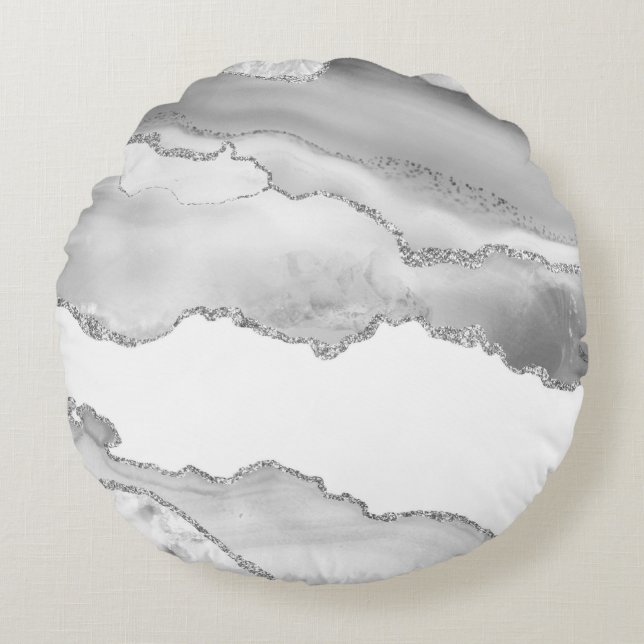 Grey White Marble Agate Silver Glitter Elegant Round Cushion (Front)