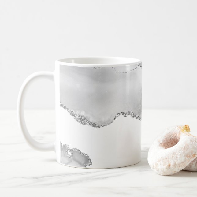 Grey White Marble Agate Simple Silver Glitter Coffee Mug (With Donut)