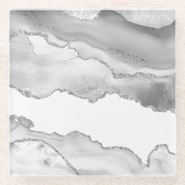 Grey White Marble Agate Simple Silver Glitter Glass Coaster (Front)