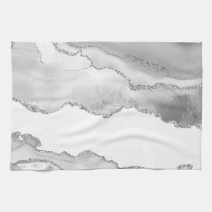 Grey White Marble Agate Simple Silver Glitter Tea Towel