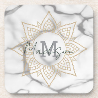 Grey & White Marble Effect Gold Mandala Monogram Coaster
