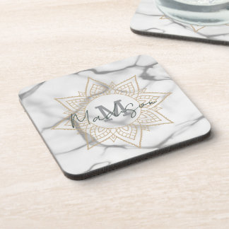 Grey & White Marble Effect Gold Mandala Monogram Coaster