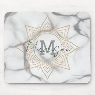 Grey & White Marble Effect Gold Mandala Monogram Mouse Pad