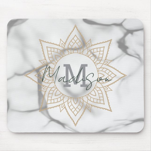Grey & White Marble Effect Gold Mandala Monogram Mouse Pad (Front)