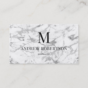 Grey White Marble QR Code Monogram Business Card